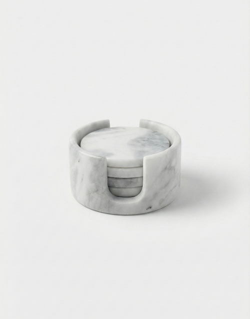 Elba Livio Marble coaster set with holder on a white background
