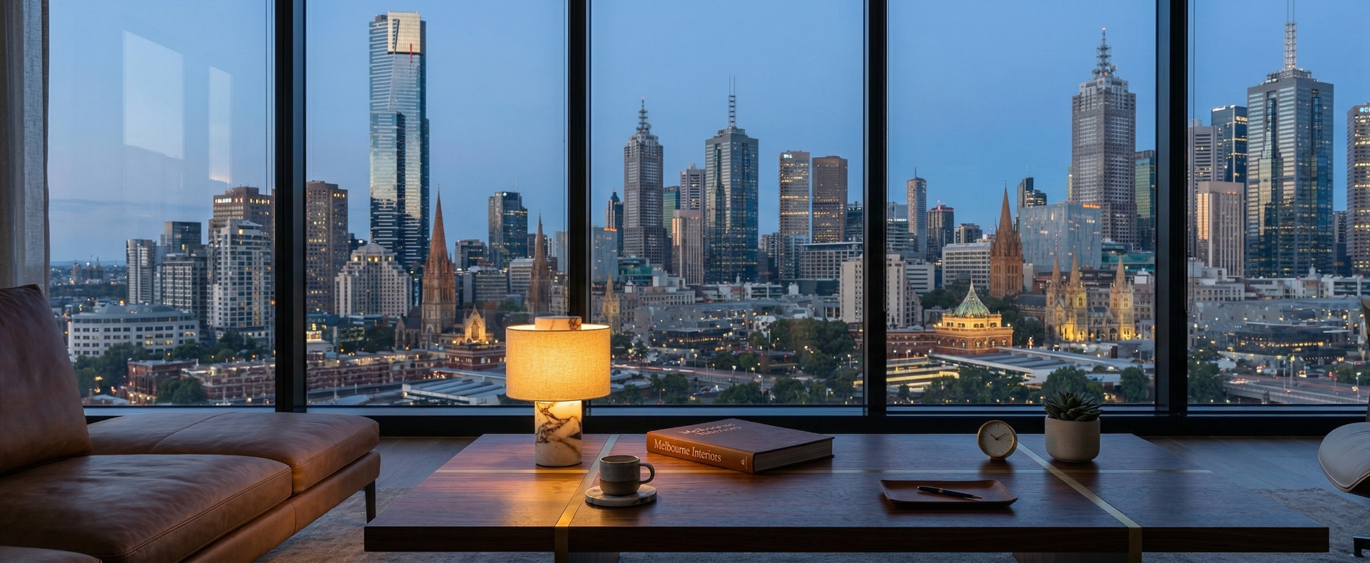 A warm, illuminated marble lamp on a modern wooden coffee table with a 'Melbourne Interiors' book and coffee, framed by large windows overlooking a stunning Melbourne city skyline at dusk with the spire of St Paul's Cathedral.