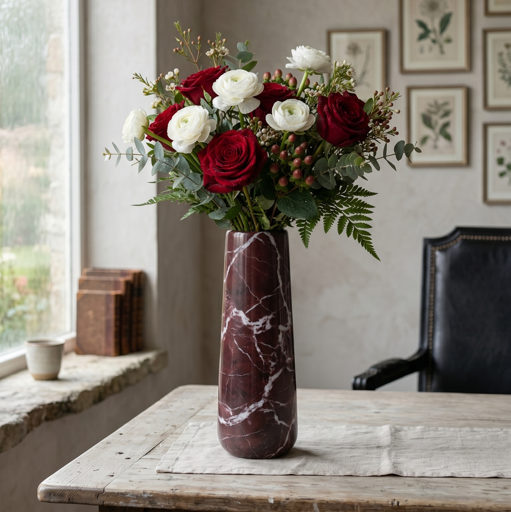 Floral arrangement in a marble rosso levanto vase on a wooden table with a neutral background