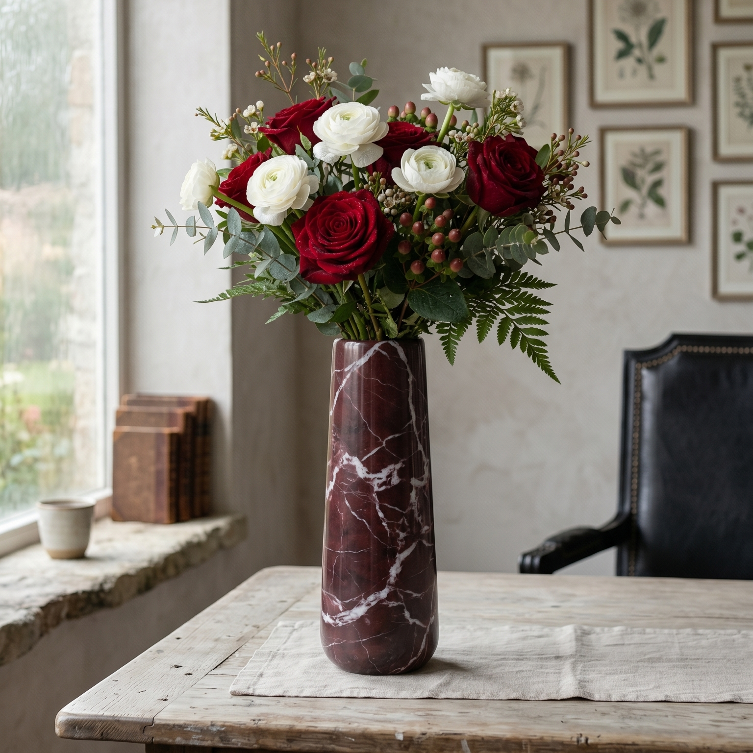 Floral arrangement in a marble rosso levanto vase on a wooden table with a neutral background